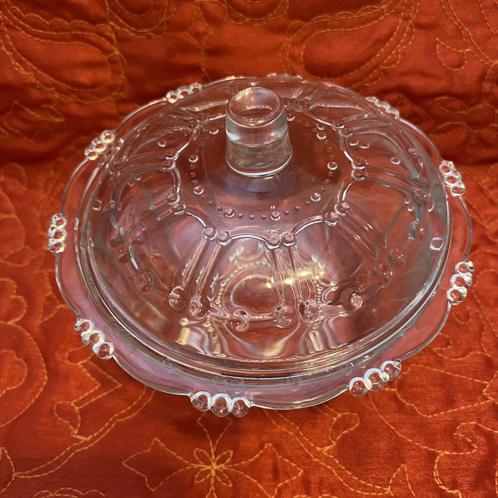 Vintage KIG Indonesia Candy‎ Dish Beaded Clear Pattern Glass 3x5 Round Fancy Lid